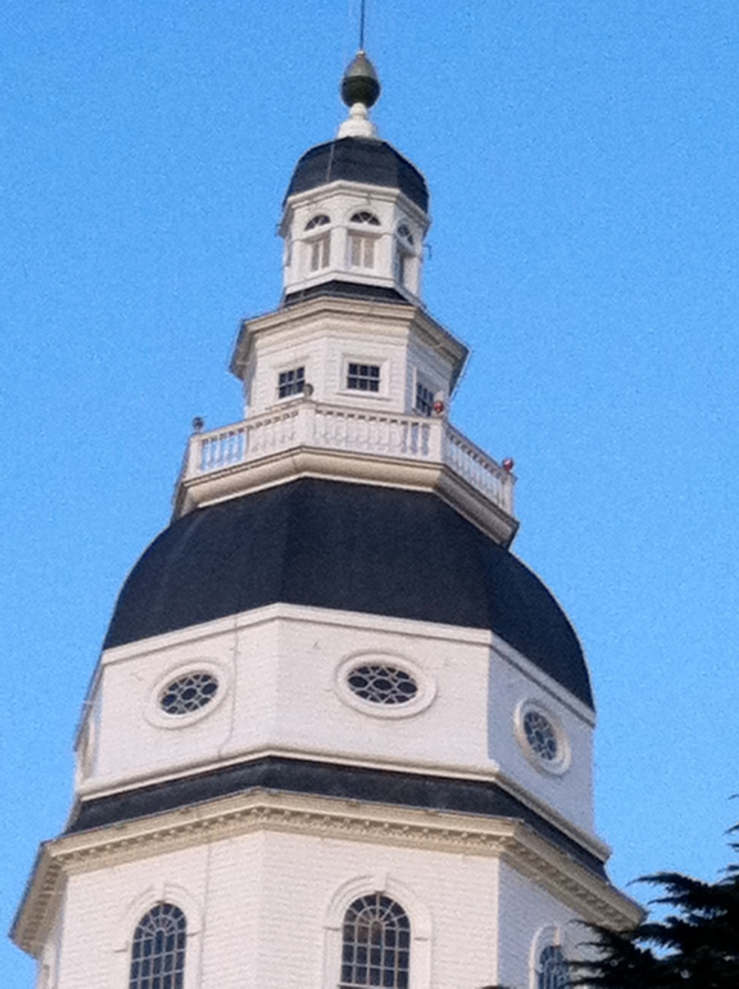 The white-painted Maryland State House dome after restoration in 2010 is now stained from rusty sprinkler pipes staining the white.